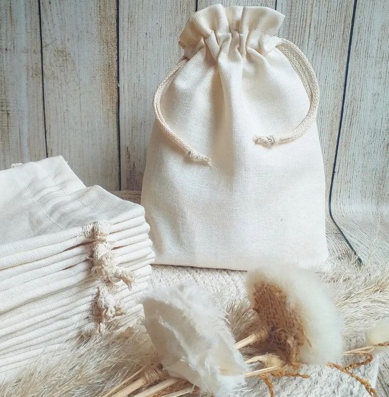 100 Bolsas De Tela Lino Lienzo Mini Cordon Ajustable 9cmx7cm