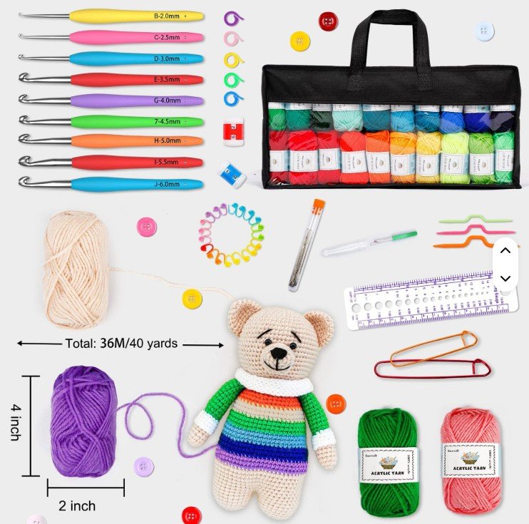 Kit Crochet 103 Piezas Con Lanas Agujas Y Accesorios