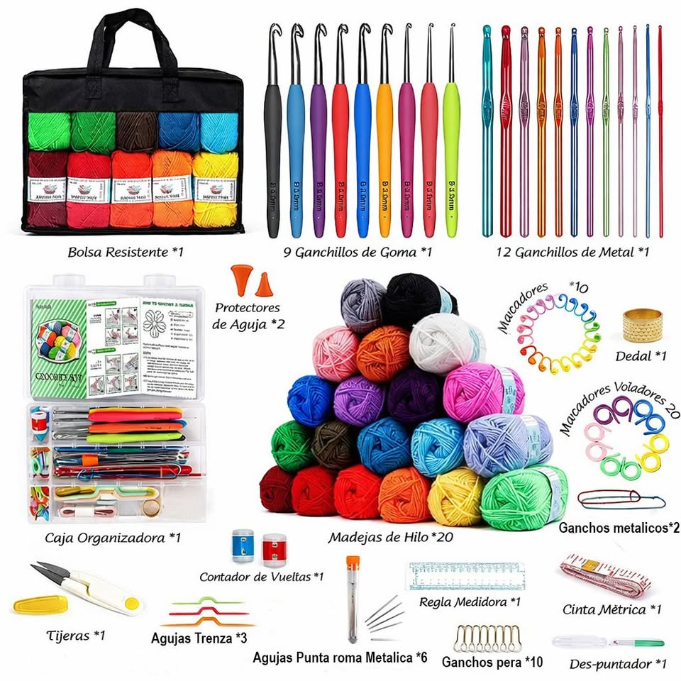 Kit Crochet 103 Piezas Con Lanas Agujas Y Accesorios