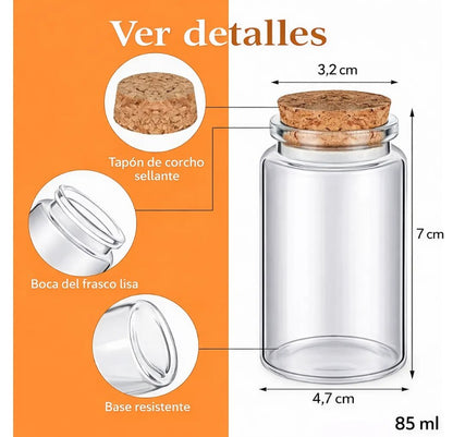 Frasco Vidrio Tapa Corcho 47mmx70mm X 6und 85ml