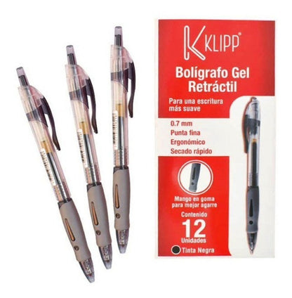 Esfero Klipp Negro Retráctil Gel 0.7 Mm Caja Por 12 Und Color Del Exterior Transparente