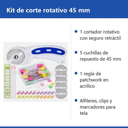 Kit Cortador Rotativo 45mm Tela + 5 Cuchillas Regla Y Clips
