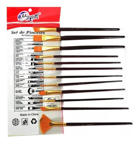 Kit De Pinceles Sintéticos Unicolor Surtidos X12 Unidades