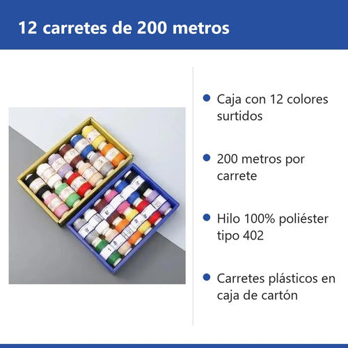 Caja 12 Hilos De Coser Colores Surtidos 200 Metros Poliéster