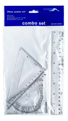 Kit Geométrico Regla 20 Cm Transportador, Escuadra 45° Y 60°