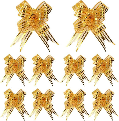 Moños De Regalo Mediano Organza Irizado Navidad 100 Und Dorado