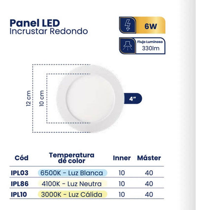 Panel Led 6w Incrustar Certificada Diametro 12cm X6 Unidades 110v