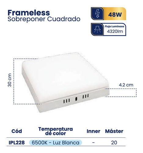 Panel Led 48w Sobreponer Frameless Cuadrado Borde Infinito