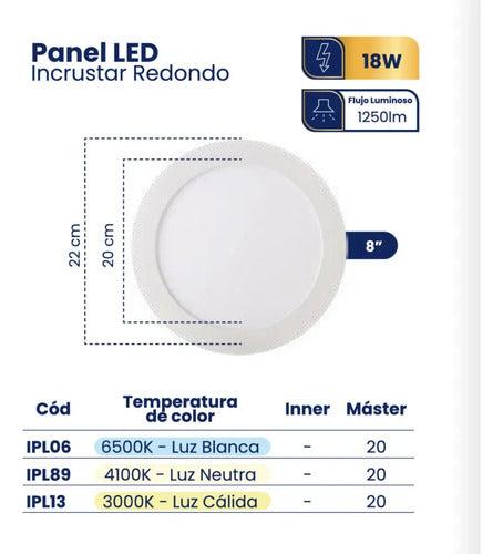 Panel Led 18w Incrustar Certificada Diametro 22cm X6 Und