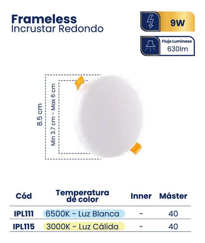 Panel Led Frameless De Incrustar Redondo 9w X6 Und