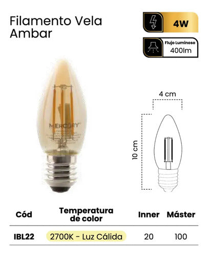 Bombillo Vintage Vela Edison 4w Filamento Led X5 Und 120v Cálido